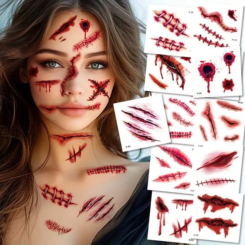 20 Sheets Halloween Realistic Temporary Tattoos, Bloody Fake Wound Stitch Scabs Scary Horror Fake Tattoos with Easy Application & Removal, Halloween Party Favors Decorations, Body Face Masquerade Prank Makeup Adults Cosplay Costume