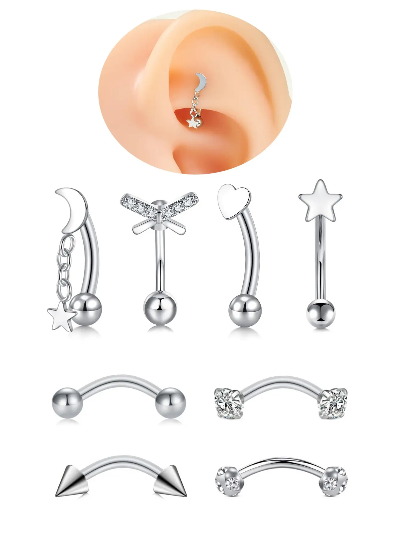 8pcs Cz Rook Body Piercing Jewelry for Women, Eyebrow Rings, Rook Earrings, Tragus, Daith, Cartilage, Lip, Belly Button Piercing, 8mm Curved Barbell