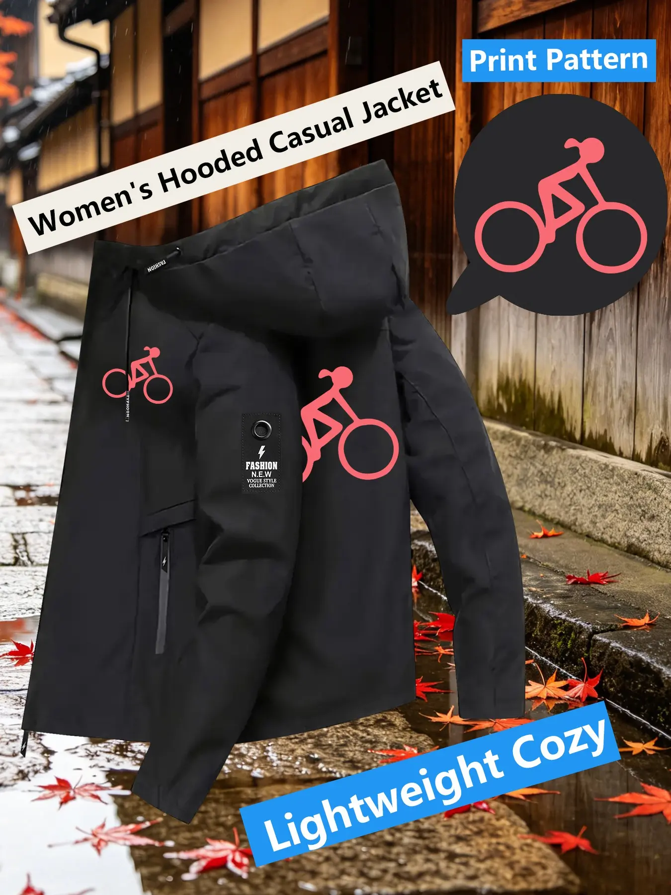 Women's Hooded Windbreaker Jacket Double sided Pink Cycling Bike Silhouette Print Jacket Two Color Options Hooded Loose All Season Warm Jacket Ideal for Daily Commute Hiking Climbing Wear Skin Friendly Breathable Machine Washable Plussize