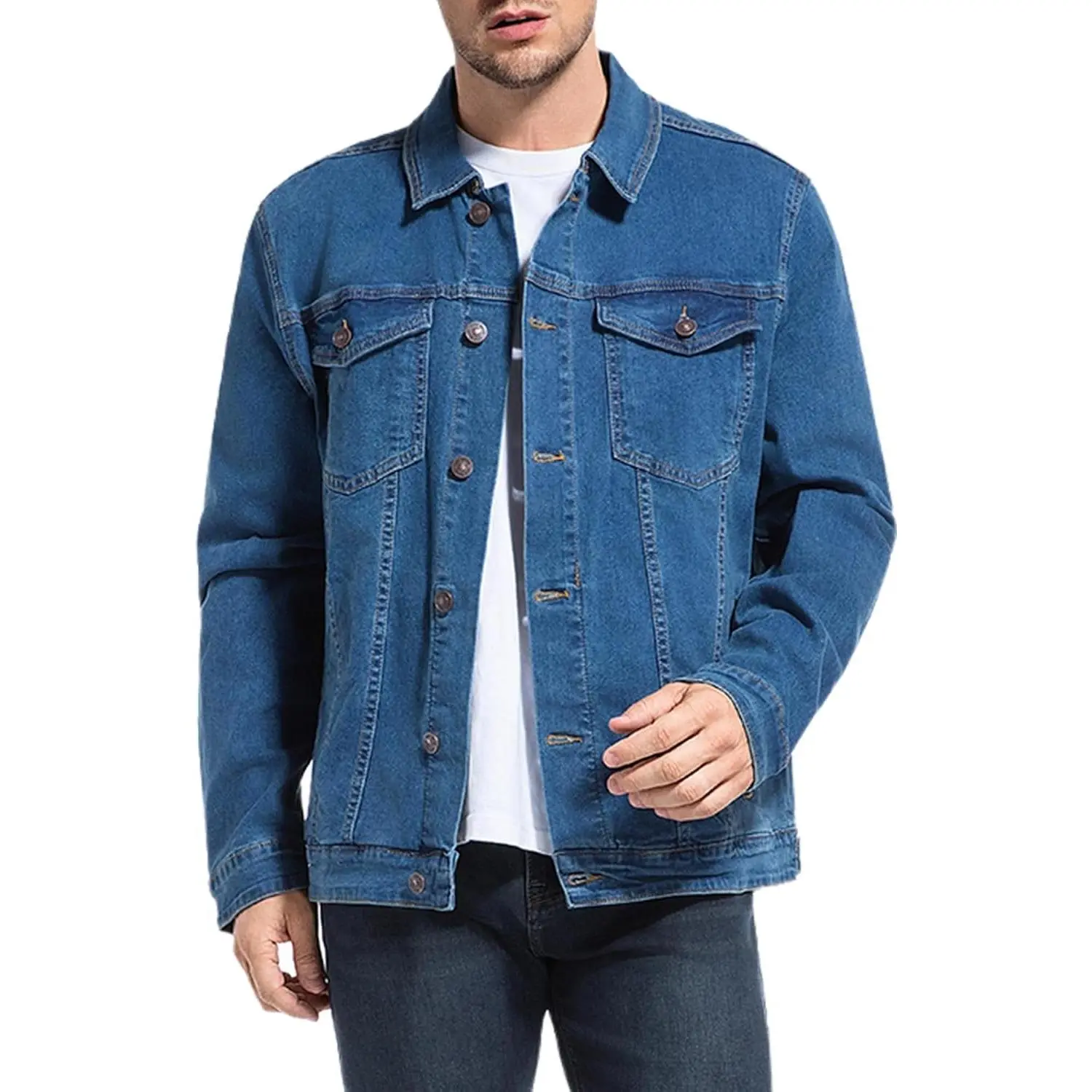 Men’s Rugged Wear Button Down Denim Jacket Classic Long Sleeve Fashion Jean Jacket