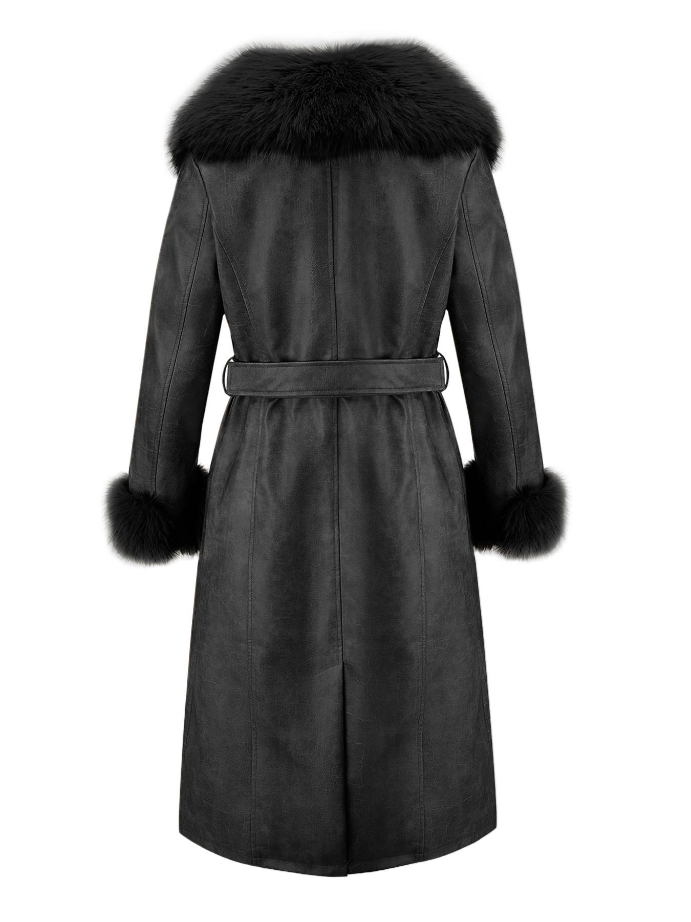 Women's Fall Winter Long Windproof Waterproof Jacket Coat, Comfortable Soft Faux Fur Collar, Thick PU Leather, Slim Fit with Belted Design Outerwear