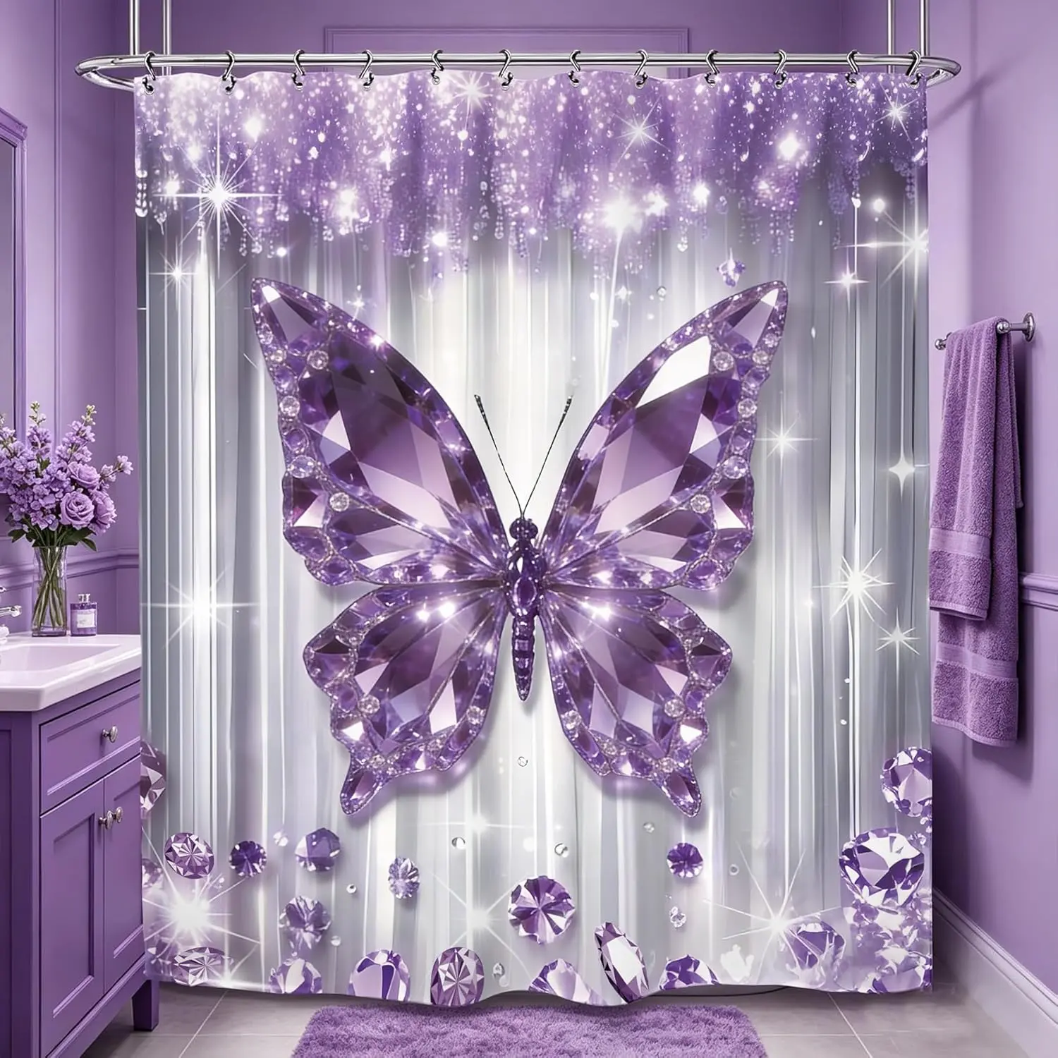 Purple Butterfly Diamond Shower Curtain 60Wx72L Inch Modern Girls Woman Beautiful Glitter Bathroom Set Accessories Decor with 12 Pack Hooks