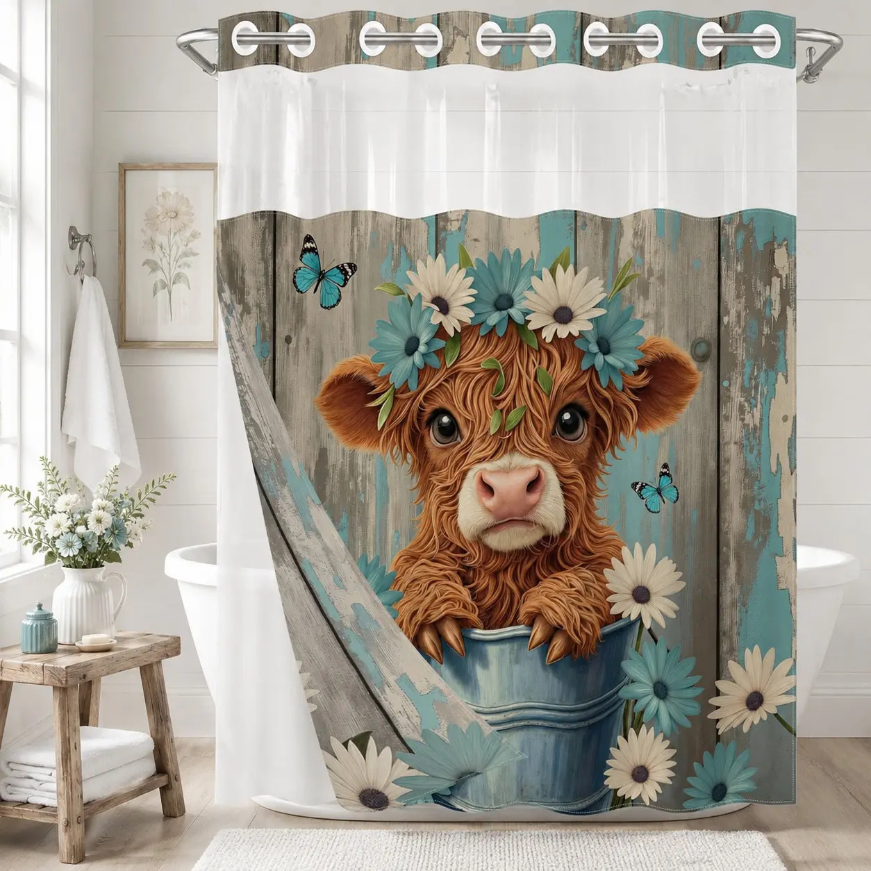 1Pc Hookless Double Layer Shower Curtain, Highland Cow Daisy Floral Rustic Wood Print, Cute Farmhouse Bathroom Makeover Decor Curtain, Water Repellent Washable Fabric, Removable Snap-in Liner, Top See-Through Window, For Apartment, Guest Bath