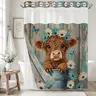 1Pc Double Layer Shower Curtain, No Hook Shower Curtain With Snap In Liner, Highland Cow Daisy Floral Rustic Wood Print, Farmhouse Bathroom Decor Curtain, Water Repellent Washable Fabric, Top See-Through Window