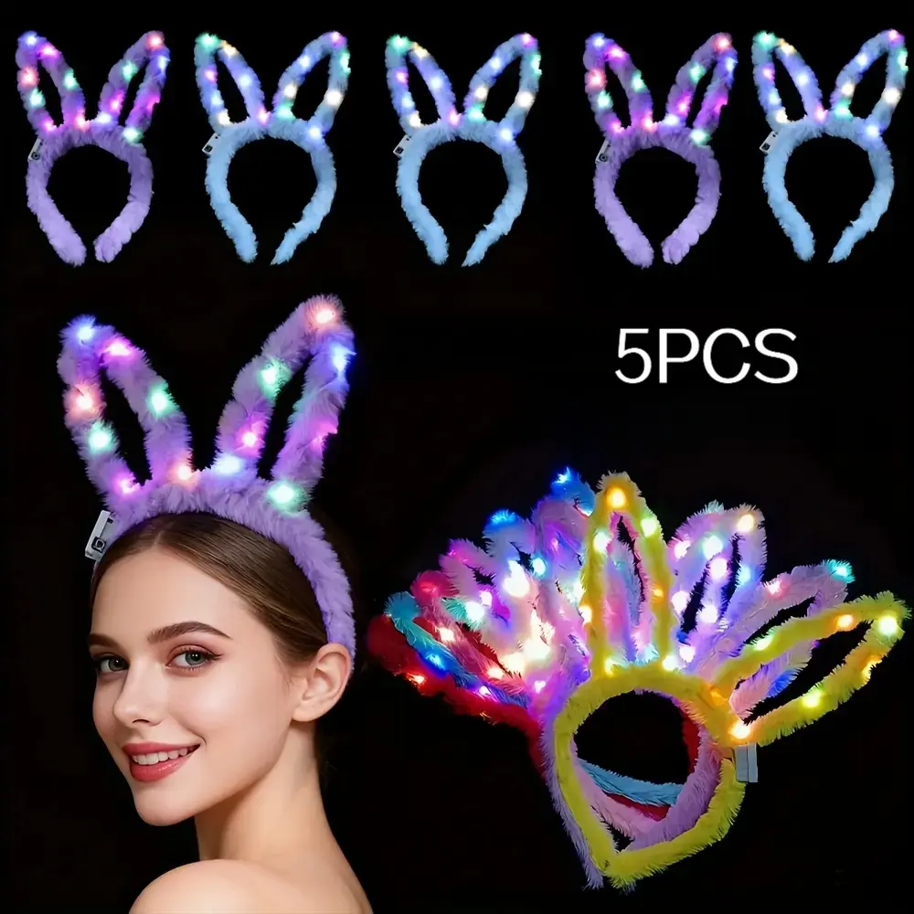 5PCS  Glow-in-the-Dark LED Plush Rabbit Ear Headband 3 Flashing Color-Changing Modes Party Photo Accessory Perfect for Night Weddings, Concerts, Cosplay, Halloween, and Christmas