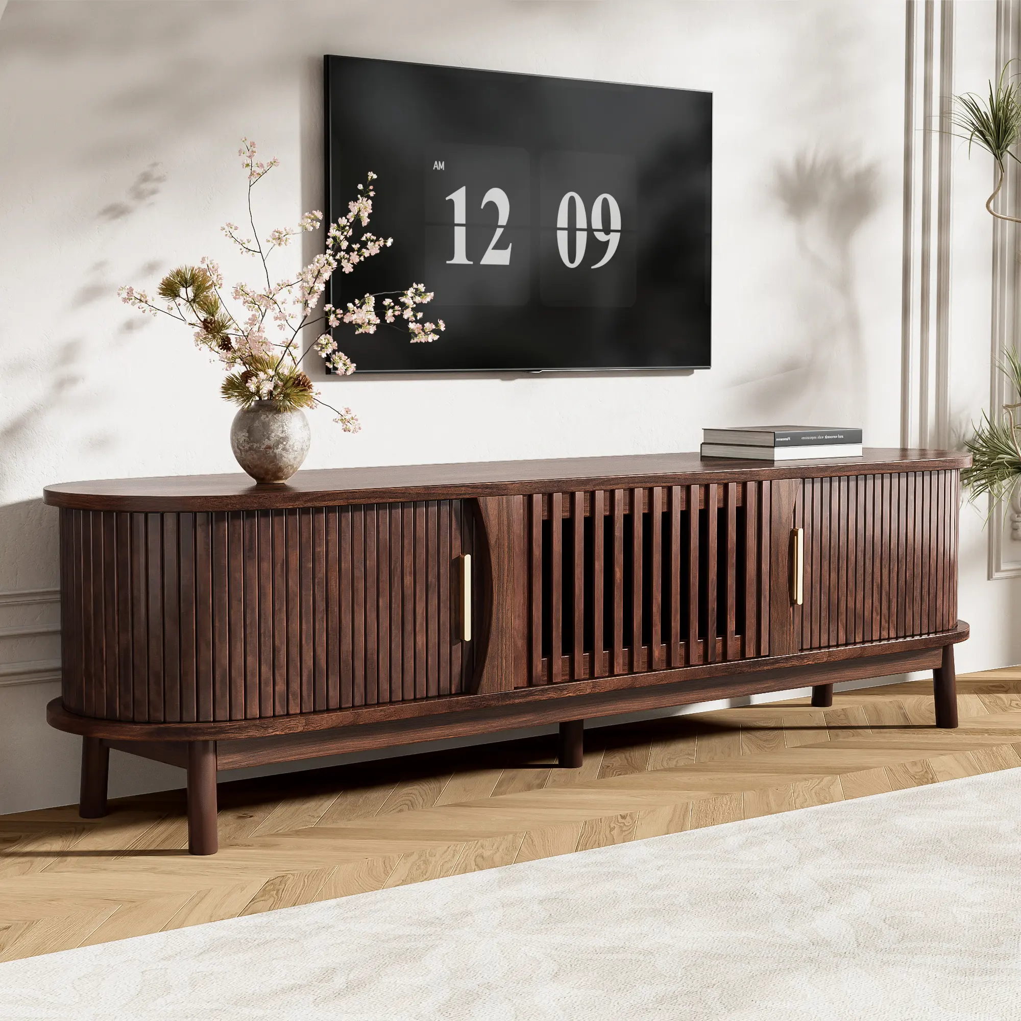 ARCH Modern Farmhouse TV Stand for 75 Inch TVs, Wood Entertainment Center with Storage Cabinet, TV Console Table for Living Room Bedroom, Multiple Shelves, Rustic Brown Finish, Living Room Table for Sofa Side, Bedroom, Office, Media Console