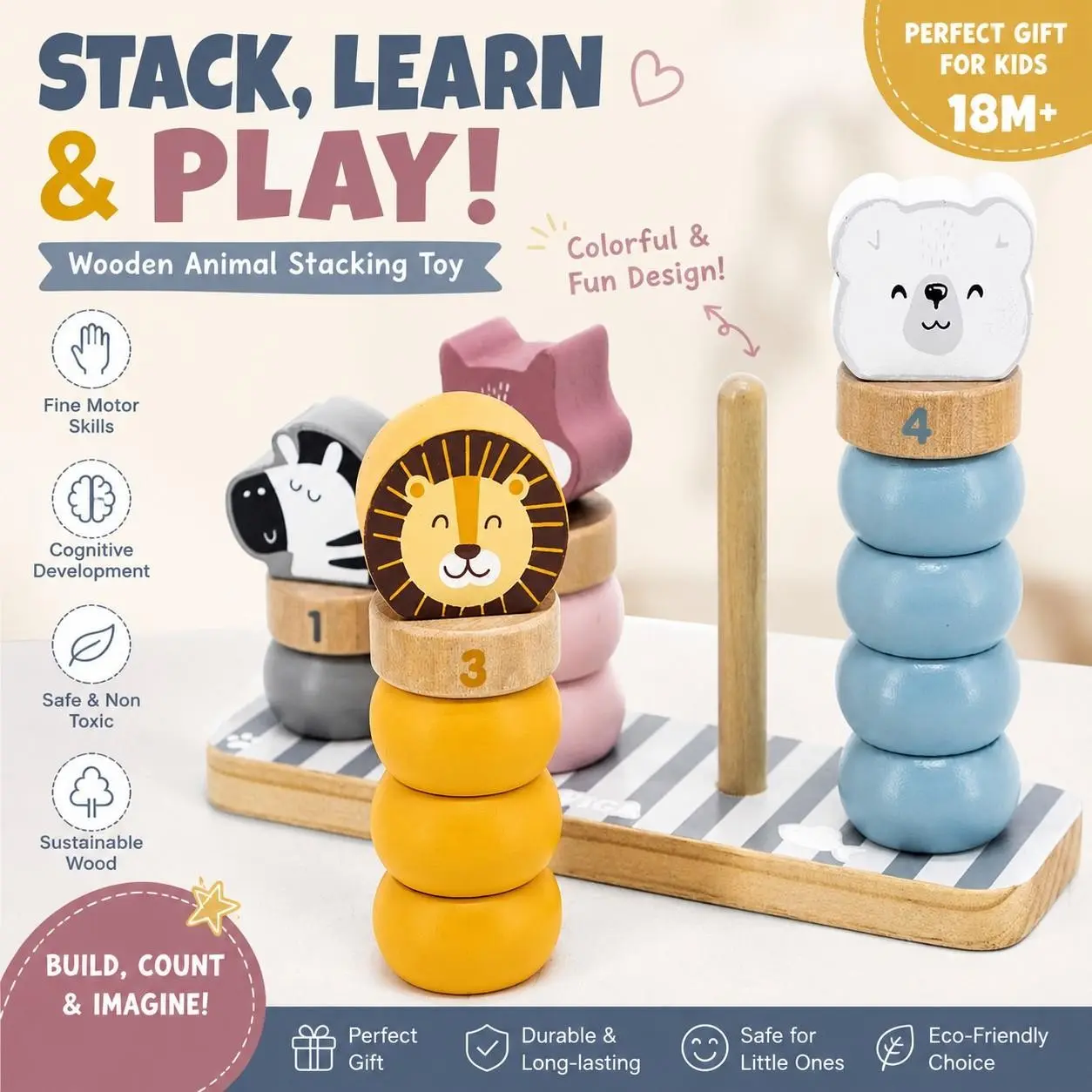 Montessori Animal Bead Stringing Toy for Kids, Pattern Matching and Shape Building, Fine Motor Skills Training, Educational Gift