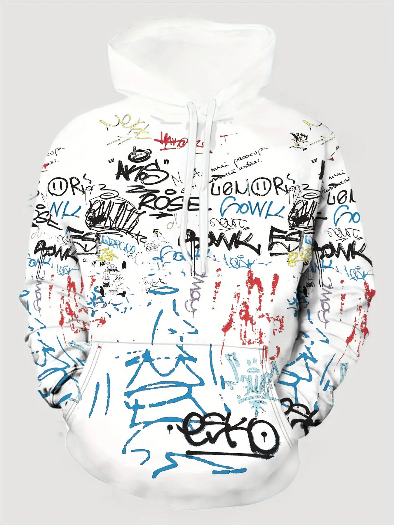 Men All Over Graffiti Letter Print Hoodie, Hip Hop Streetwear Drawstring Pullover Hooded Sweatshirt