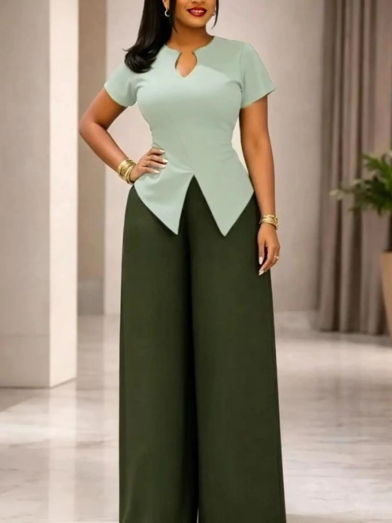 Women's Elegant Two-Piece Set, Ruffled V-Neck Short Sleeve Top, High-Waist Wide Leg Pants, Casual Everyday Office Church Wear