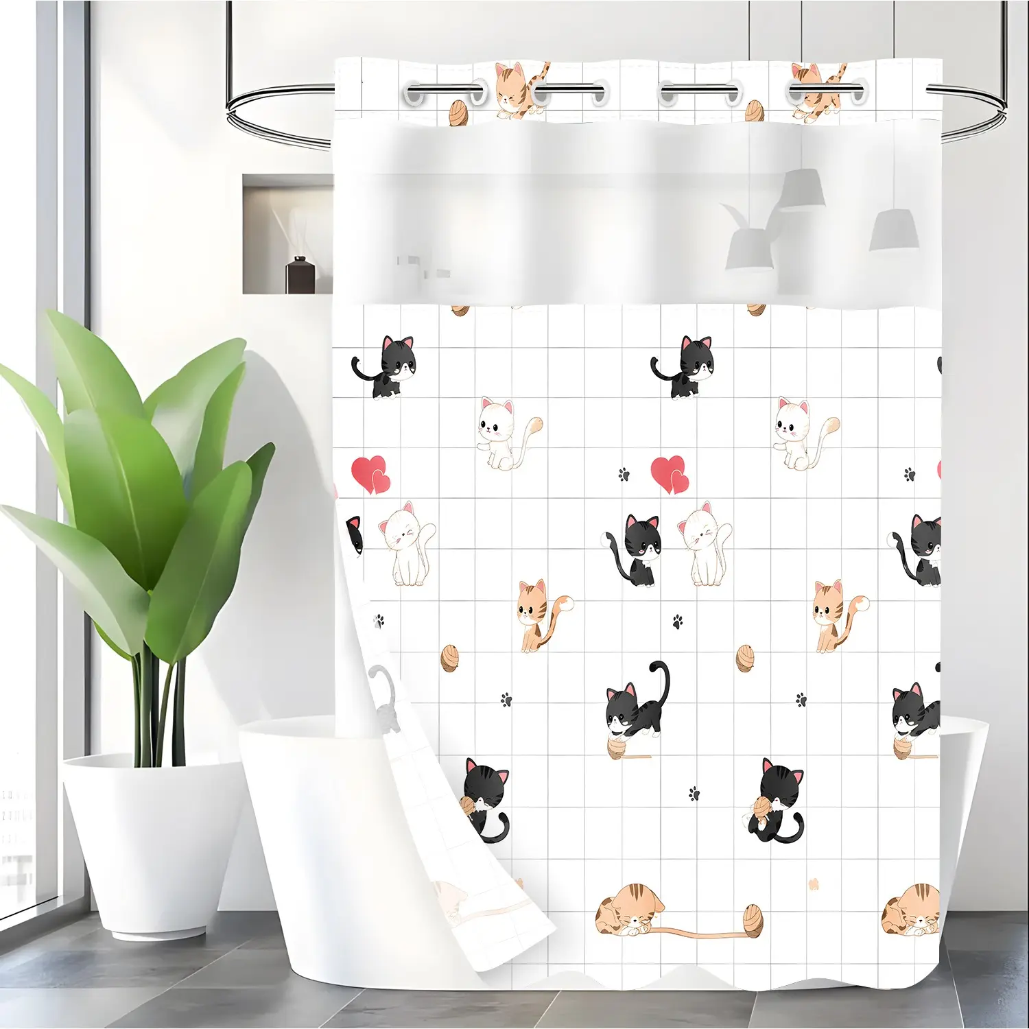 LVRLVR 1pc Cute Grid Cat Shower Curtain, Cartoon Kitten Print, Sheer Top Window, Detachable Liner & No Hook C-Ring, 70.8" x 74"