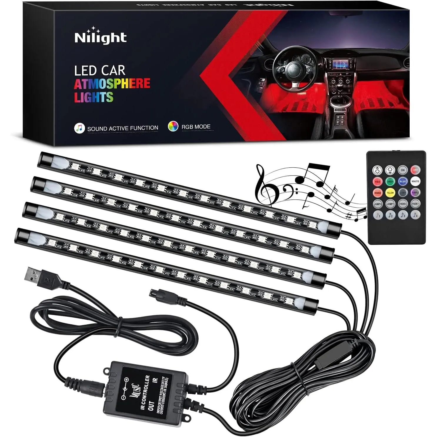 Nilight 48-LED DC 5V Multicolor Music Car Strip Lights Kit - 4PCS USB Underglow Lights, Sound-Active Function, Wireless Remote, Sequential Turn Signal, RGB Atmosphere Vehicle Interior Decor Accessories