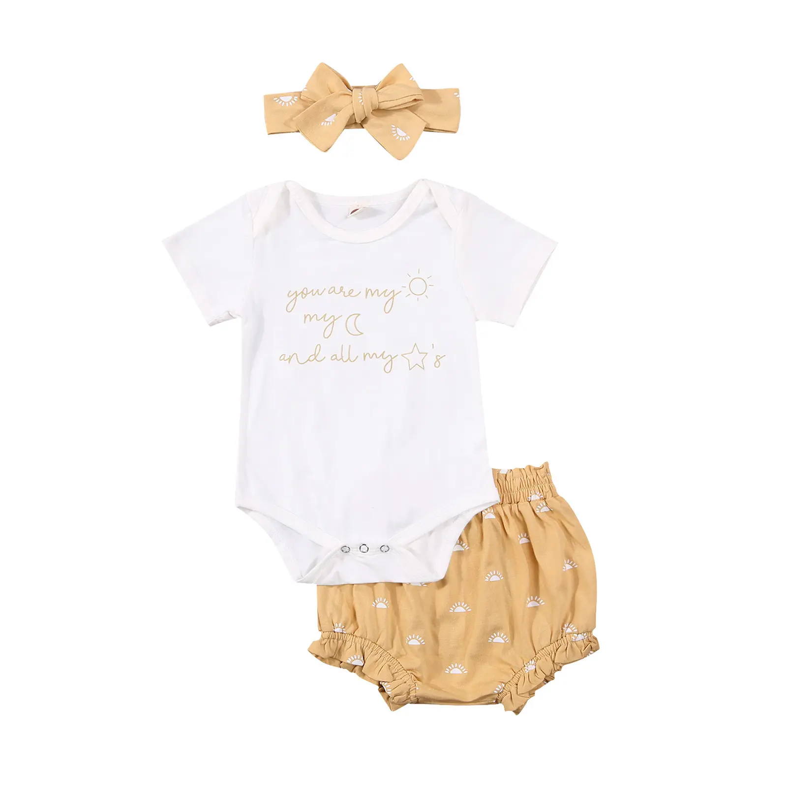 Newborn Infant Baby Girl Summer Clothes Ruffle Sleeve Romper+ Bloomer Short+Headband 3Pcs Outfit