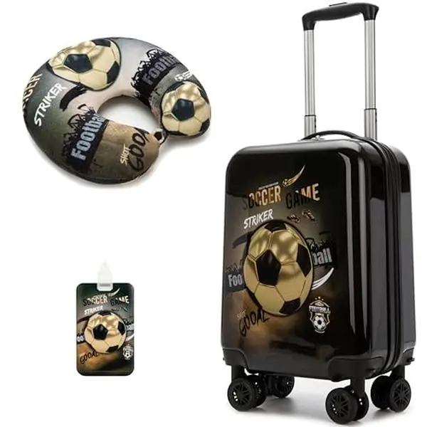 Kids Spinner Luggage Set Boys Hard Shell Suitcase with Travel Neck Pillow Luggage Tag Gold Soccer Football Theme Trolley Case