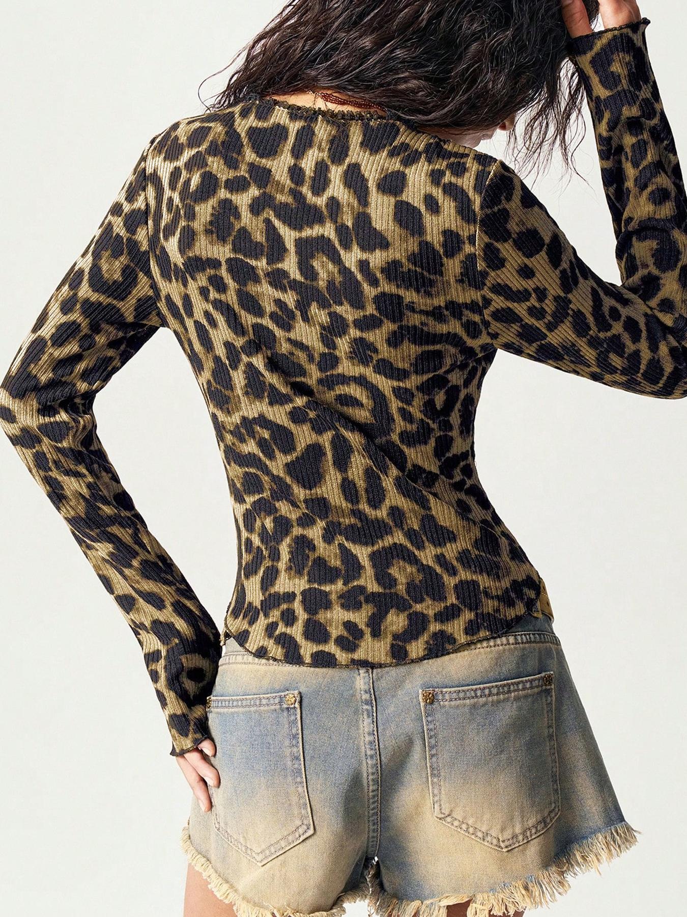 Women's Leopard Print Long Sleeve Knit T-Shirt, Knitwear, Slim-Fit Casual Top for Fall Season, Stylish Fashionable Women's Clothing