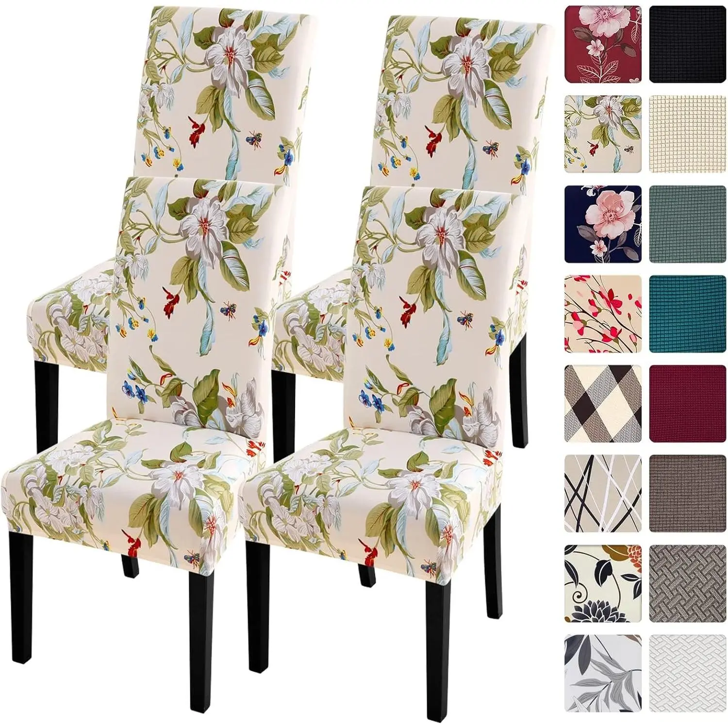 Chair Covers Slipcovers Set of 4, Spandex Super Fit Stretch Removable Washable Parsons Chair Protector for Dining Room, Kitchen, Hotel, Ceremony, Beige with Flowers Pattern