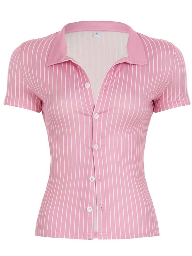Women's Striped Print Button Front Blouse, Casual Slim-fitting Short Sleeve Shirt for Summer, Ladies Clothes for Daily Wear, Casual Classy Top