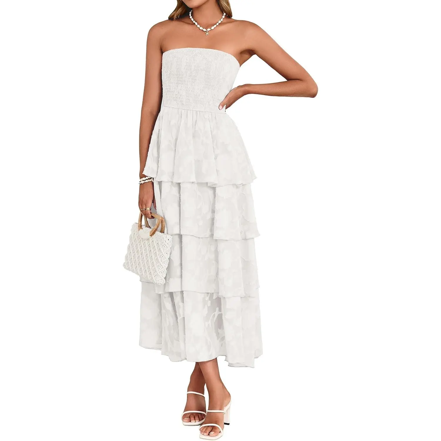 Women's 2026 Light Chic Spaghetti Strapless Boho Floral Off-Shoulder Tiered Maxi Dress - Bridal Wedding Guest Beach Sundress That Fits Comfortably, Modest, Smocked, Formal, Chiffon, Lightweight, Stretchy, Elegant, Casual, Evening, High Waist, Skirt, Sleev
