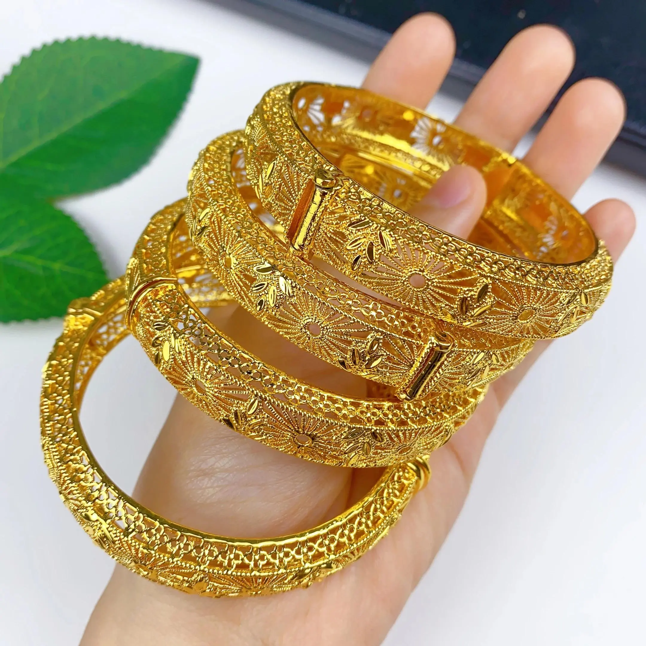 Arabic Gold Plated Hard Bracelets Bangles For Women Dubai Indian African Middle East Charm Hand Jewelry Wedding Gifts