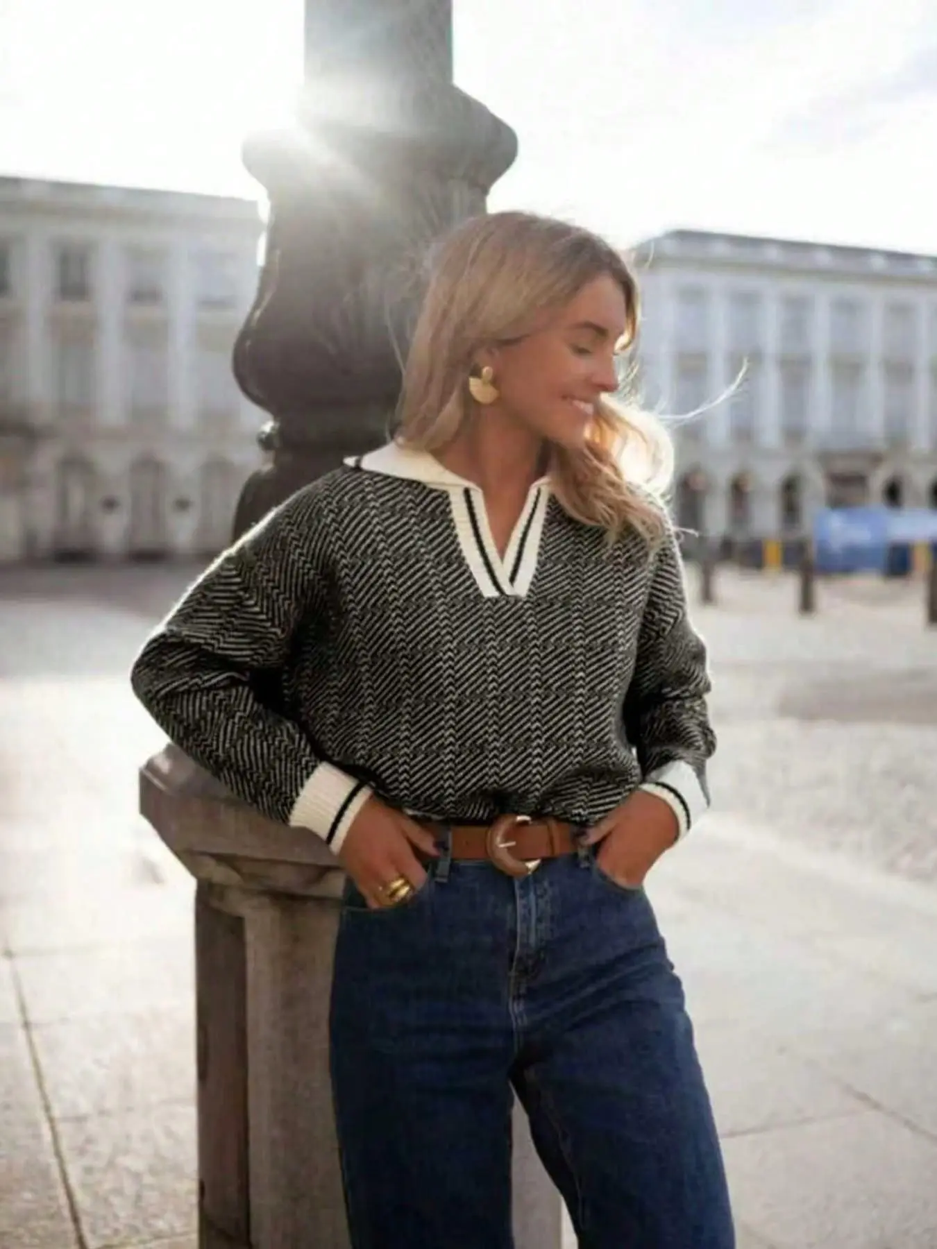 2026 New Women's Drop Shoulder Contrast Trim Sweater, Casual Chic Aesthetic Long Sleeve Polo V Neck Jumper, Spring & Autumn Women's Knitwear Top