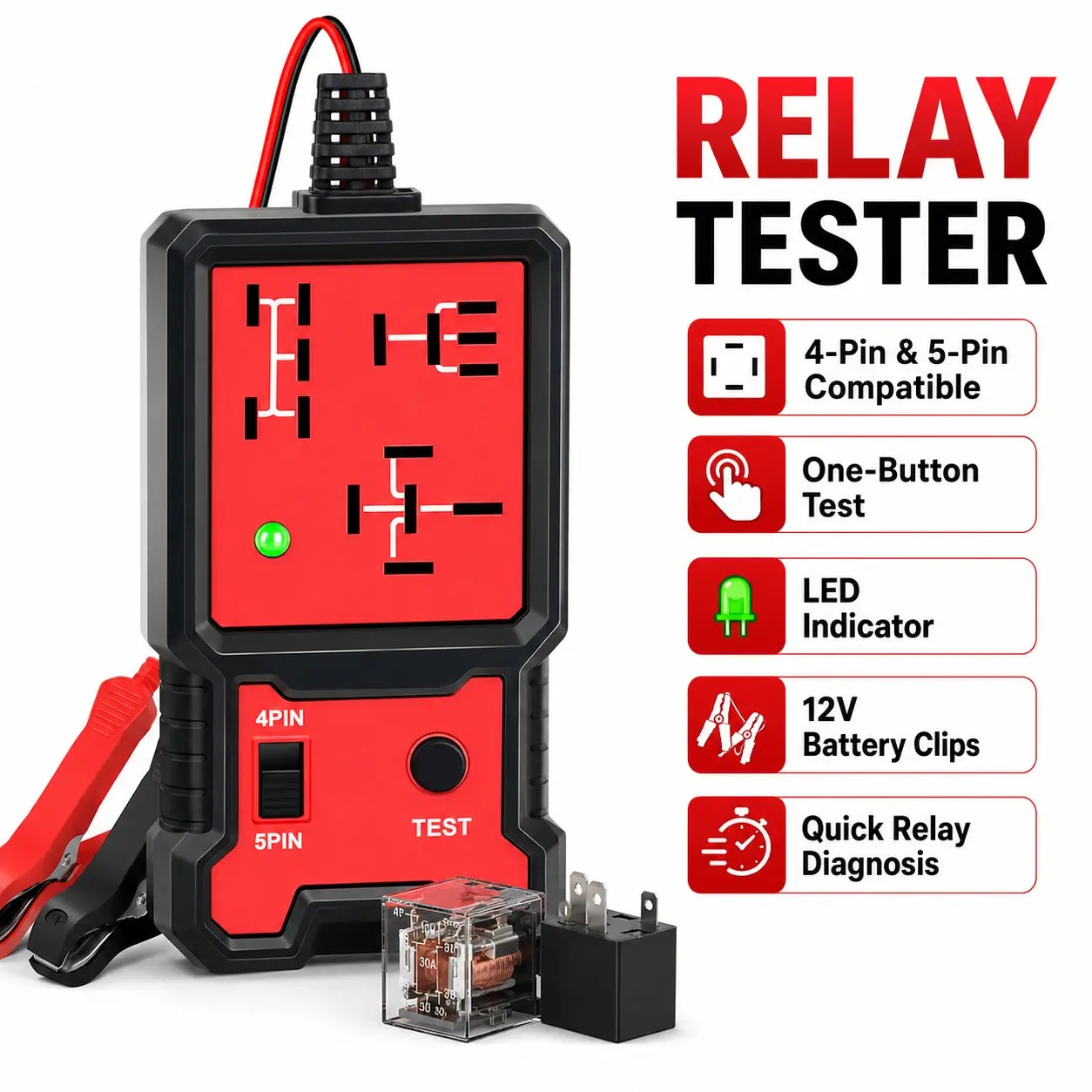 12V Car Relay Tester, LED Indicator Light, Universal Automotive Relay Tester, Professional Car Battery Repair Tool, Abs Enclosure