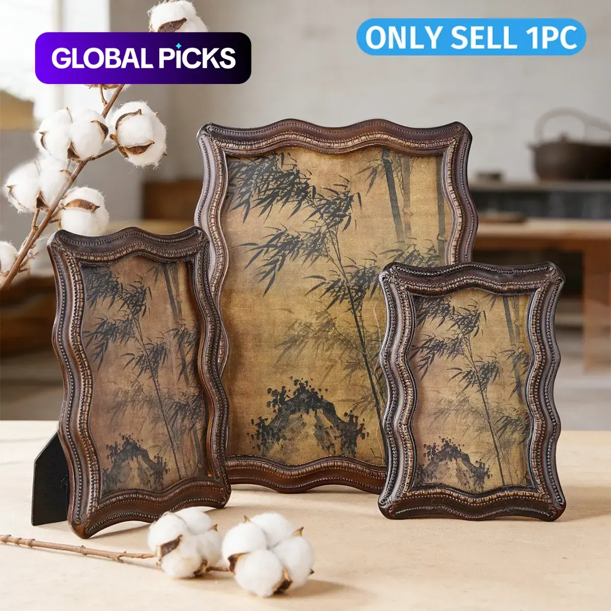 Vintage Walnut Resin Photo Frame, Curved Art Design, Horizontal & Vertical Display, Hallway Bedroom Office Home Wall Decor, 1 Piece #GLOBAL PICKS