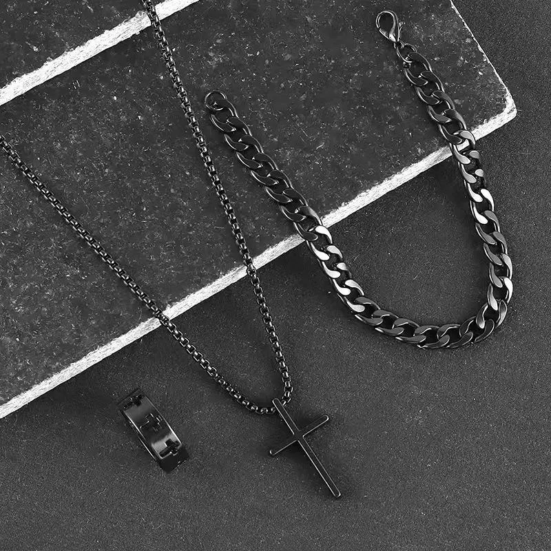 Men's Punk Jewelry Set, 3-Piece Hip-Hop Metal Accessories with Cross Necklace, Cuban Link Bracelet & Cut-out Ring, Anniversary Gift Box for a Male Bold Look, Chain Necklace Set, Jewellery Gift Set