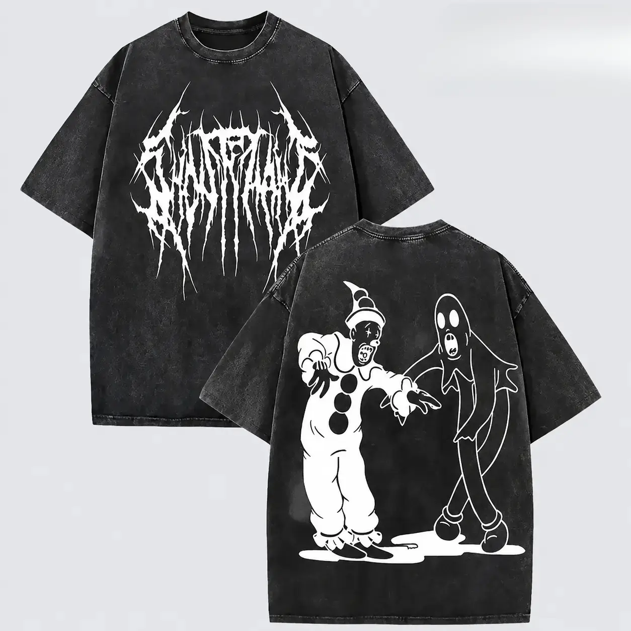 Y2K Grunge Garment Washed Cotton Tee Bold Sharp Metal Font Clown Ghost Horror Cartoon Double Side Graphic Print Retro Top For Alt Street Fashion Summer Halloween Convention Wear