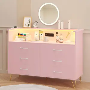 GARVEEModern Black 6-Drawer Double Dresser with Wide Wood Drawers, LED Light, and Charging Station - Versatile Chest of Drawers for Bedroom, Living Room, and TV Stand Use