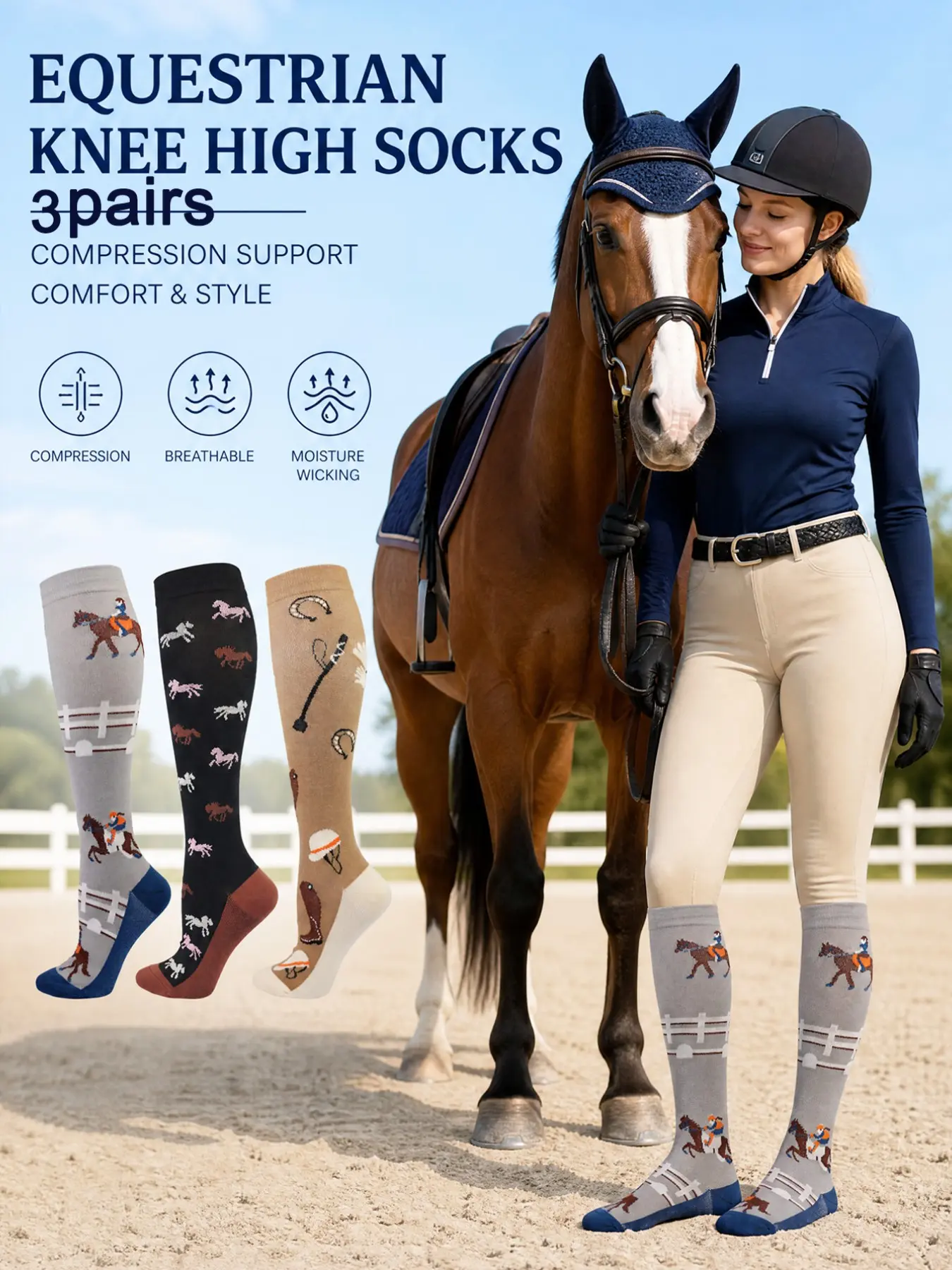 3 Pairs Vintage Cartoon Horse Pattern Ankle Socks, Comfortable Outdoor Women's Knee-High Socks, Breathable Long Calf Socks, Unique Gift for Horse Lovers