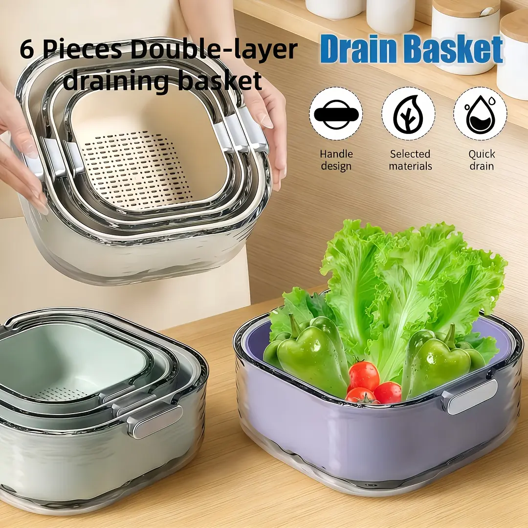 6pcs Large Medium Small Double Layer Drain Basket Set, Plastic Heavy-Duty Kitchen Colander With Handle, Stackable Washing Soaking Drying Basin, Dishwasher Safe Space-Saving Dish Drainer For Fruits VegetablesPasta, Home Kitchen Storage OrganizerGadge