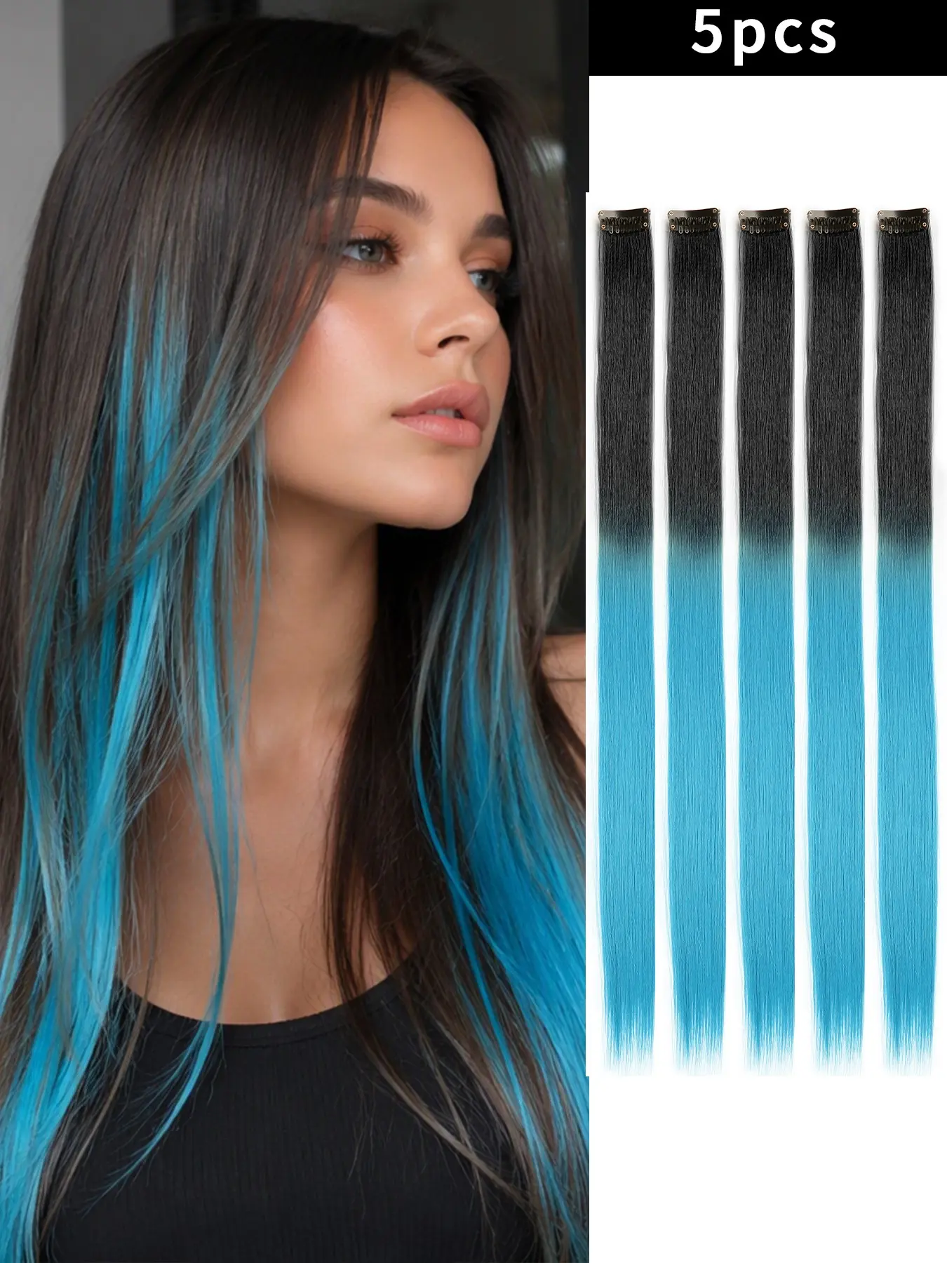 20-inch black gradient blue hair extensions multi-color party highlights, synthetic hair clips, seamless highlights for long straight hair, color party highlights for girls' hair pieces, suitable for girls to create unique hair color styles