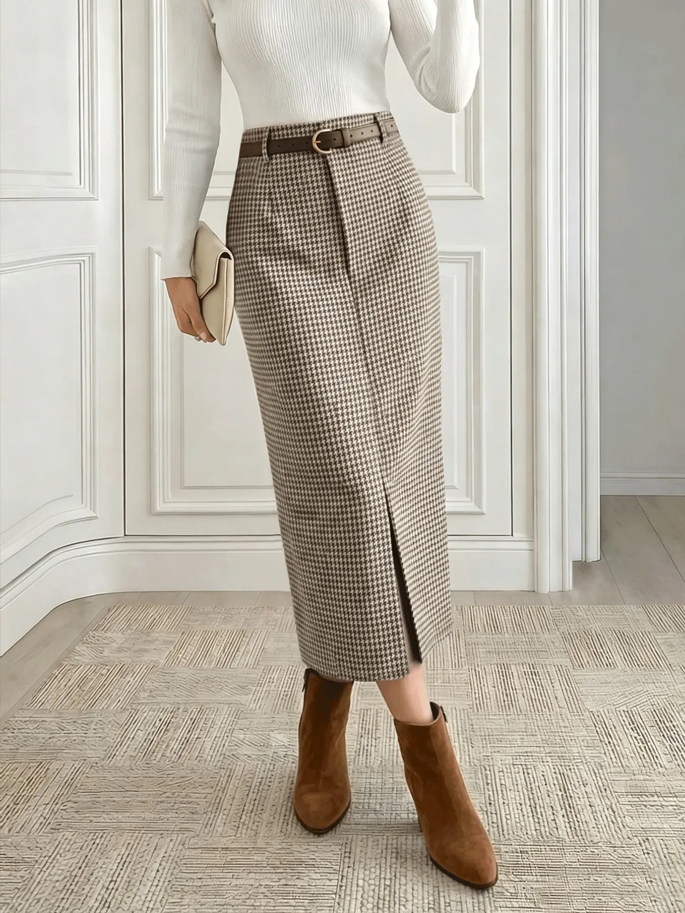 Women's Plaid High Waist Front Split Slim Fit Bodycon Midi Pencil Skirt, No Belt Included, Elegant, Chic and Stylish Design