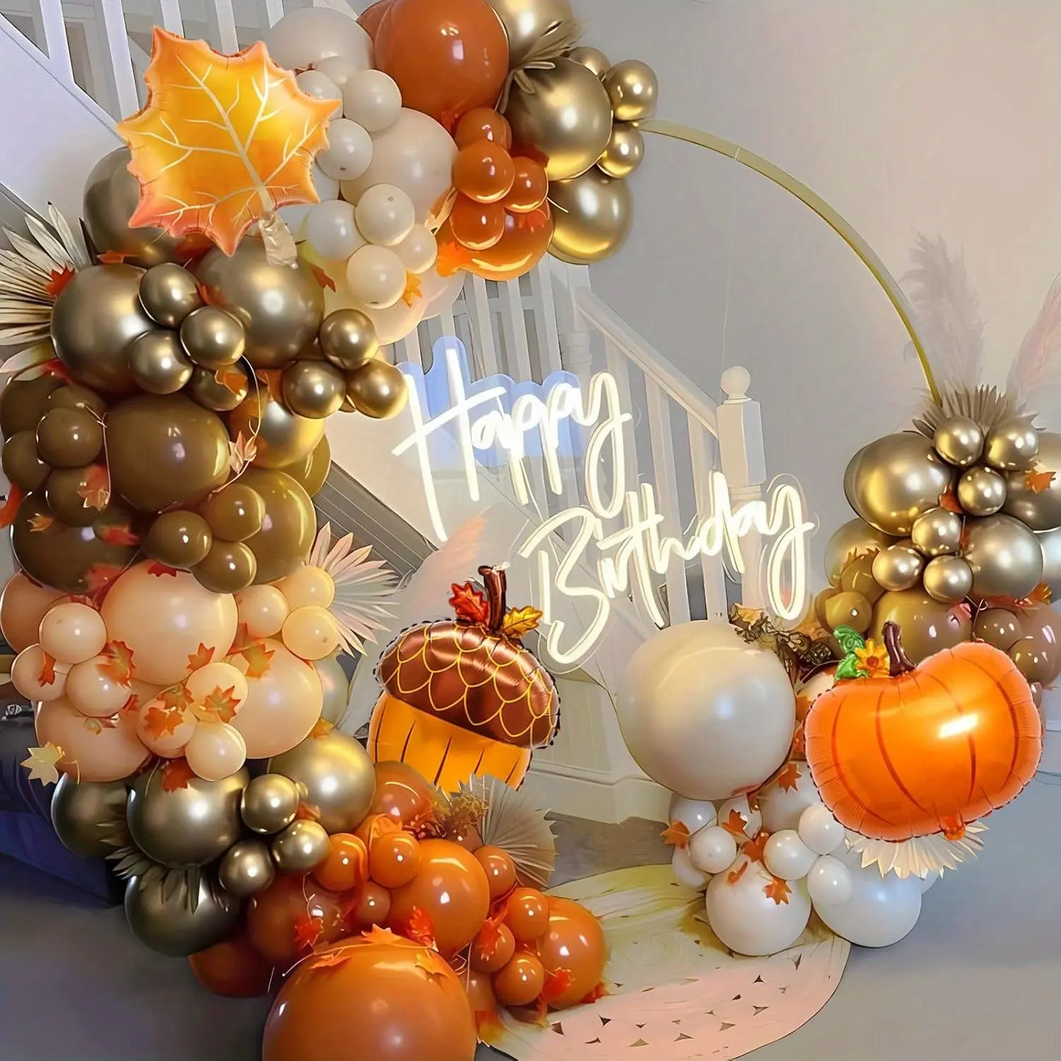 143Pcs Thanksgiving Balloon Garland Arch Kit, Orange Coffee Sand White & Gold Latex Balloons, Pumpkin Maple Leaf Pinecone Foil Balloons, Fall Harvest Decor for Friendsgiving & Birthday Party Backdrop Supplies