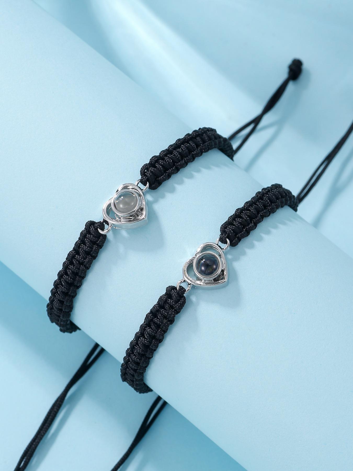 Unisex Street Trend Heart Charm Bracelets, Matching Heart Bracelets, 2pcs/set Couple Bracelet Set Trendy Drawstring Design Bracelets, Chic All-match Jewelry As Birthday Gift for Lovers, Valentine's Day, Gift, Fashionable Couple Bracelet