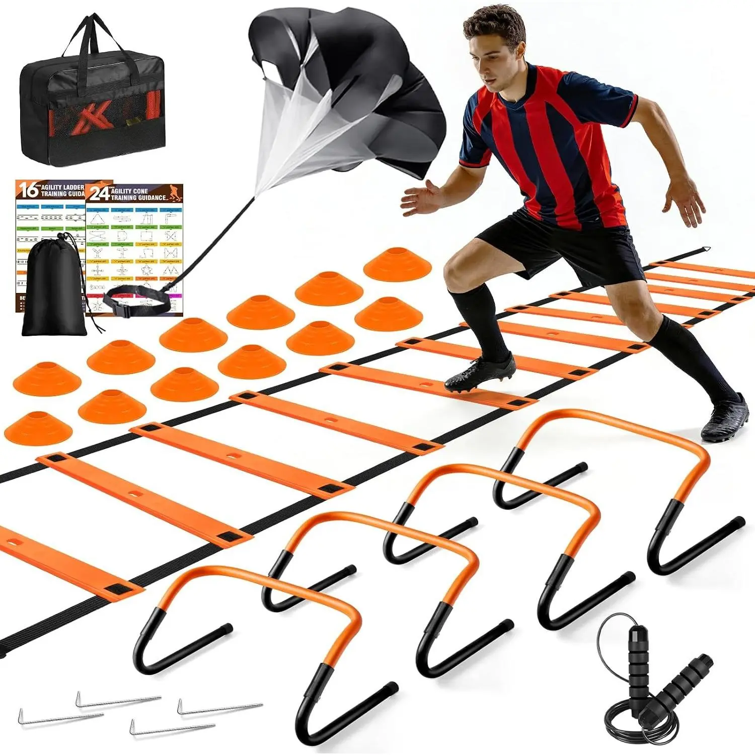 Agility Ladder, Soccer Football  Equipment Set - 20ft Speed Ladder, 4 Hurdles,Parachute, 12 Cones & Jump Rope | Agility & Speed  for  Youth Adults,Basketball & Football Accessories