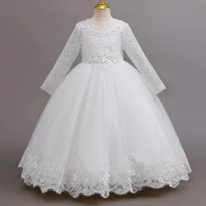 Girls lace long-sleeved princess dress 4-12 years old fashionable bow tutu skirt birthday party host stage catwalk evening dress
