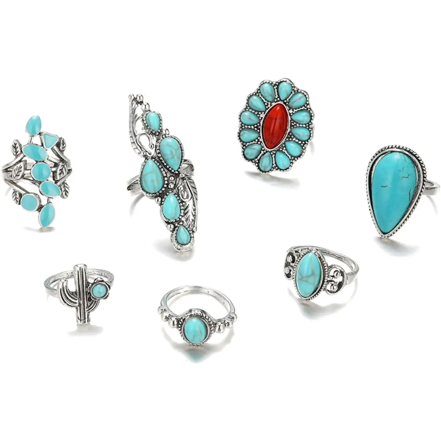 3/7Pcs  Turquoise Ring Set for Women, Bohemian Cactus Leaf Flower Knuckle Stackable Rings, Chunky Stone Long Water Drop Finger Ring Pack Bohe  Beach  Gifts