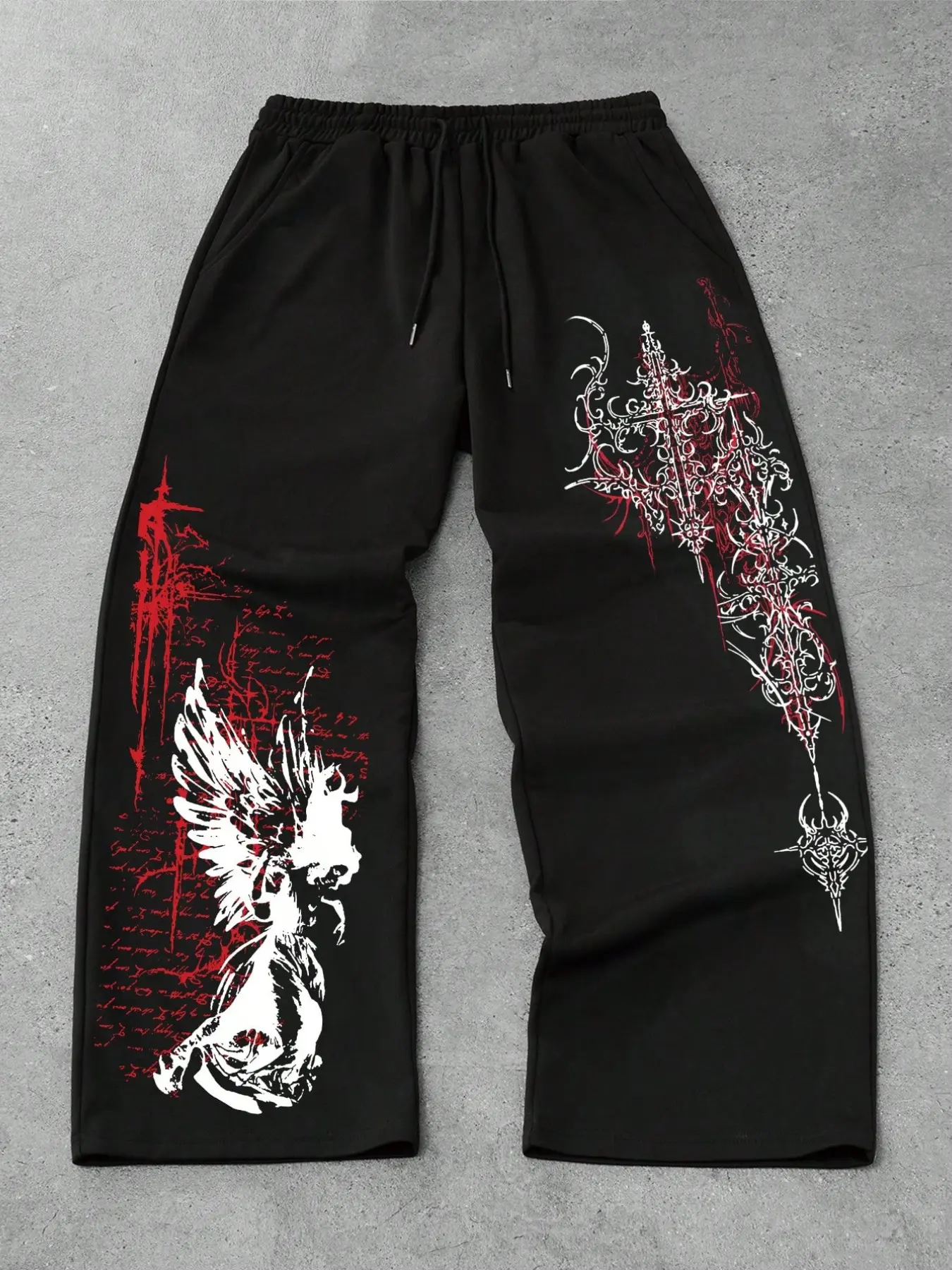 Unisex Baggy Track Adjustable Drawstring Sweatpants Elastic Drawstring Waist High Street Trousers, Dark Grunge Purple Graffiti Angel Cross Print Casual Loose Straight Leg Pants for Rave Party Club, Casual Sporty Pants