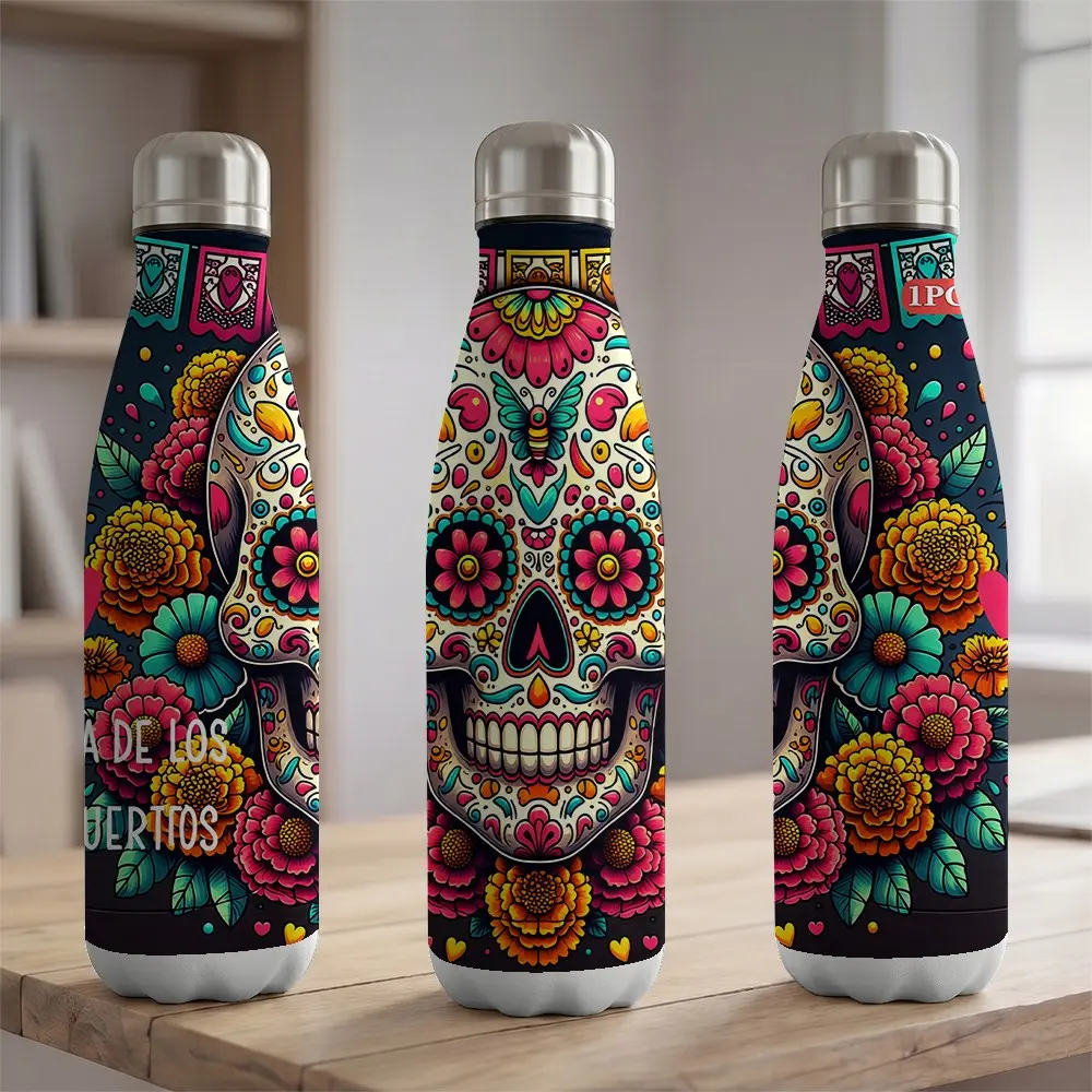 1pc 17oz Sugar Skull Insulated Water Bottle 500ml 304 Stainless Steel Vacuum Sealed Flask Mexican Day of the Dead Floral Pattern Travel Mug for Gym Yoga Hiking Camping Outdoor Sports Portable Drinks Bottle