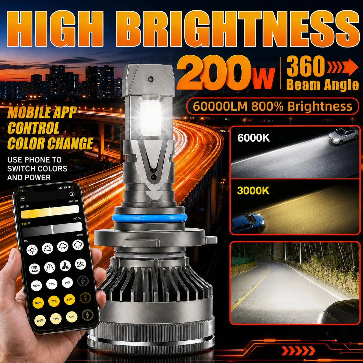 2pcs APP Controlled LED Headlight Bulbs, 3000k-6000k, High Brightness, High Lumen Headlight, Plug and Play, for H11 H7 H4 9005 9006 H1, Car Truck Suv Lights