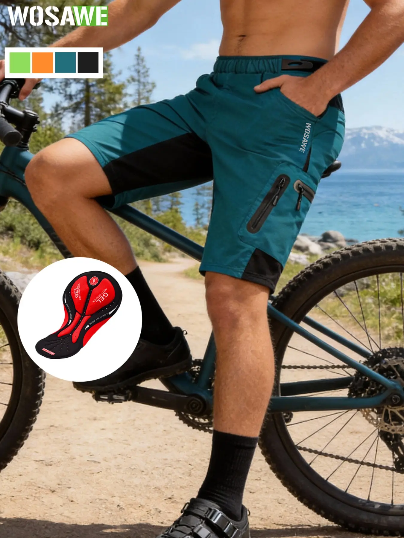 WOSAWE Men's Baggy Cycling Shorts Quick Dry Mountain Bike Bottoms MTB Padded Shorts with 7 Pockets Loose Sporty Shorts