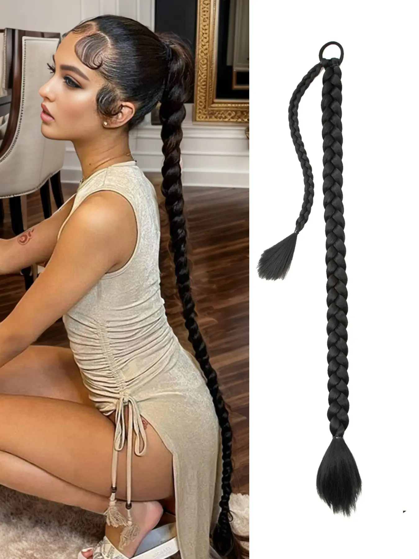 26-inch long, straight synthetic braided ponytail extension (with elastic hair tie); made of voluminous, natural-looking synthetic fiber; available in red, black, brown, and other colors; suitable for daily wear, parties, music festivals, and carnivals.