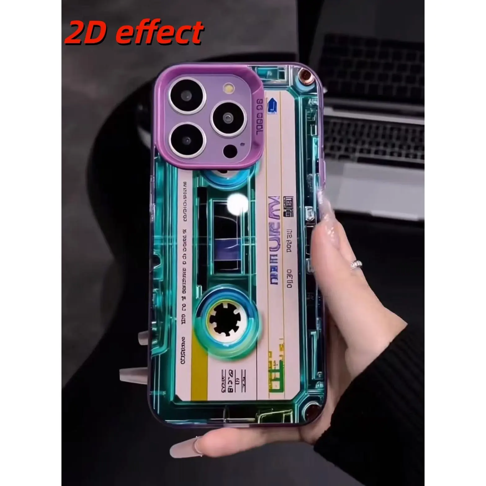 Transparent Phone Case for iPhone 17 Pro Max - Stylish, Cool Design with Purple Camera Frame and Retro 90s Music Cassette Pattern