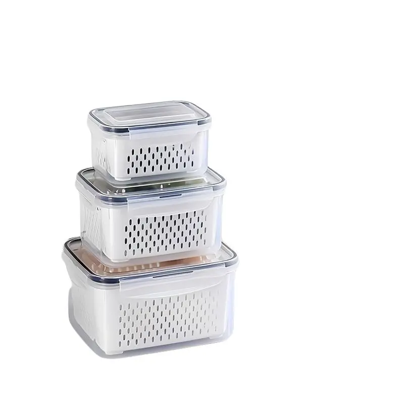 3Piece Plastic Food Storage Containers Set with Lids and Strainers Airtight Leakproof Freezer Safe Reusable Food Storage for Fruit Vegetable Meal Prep Kitchen Organization
