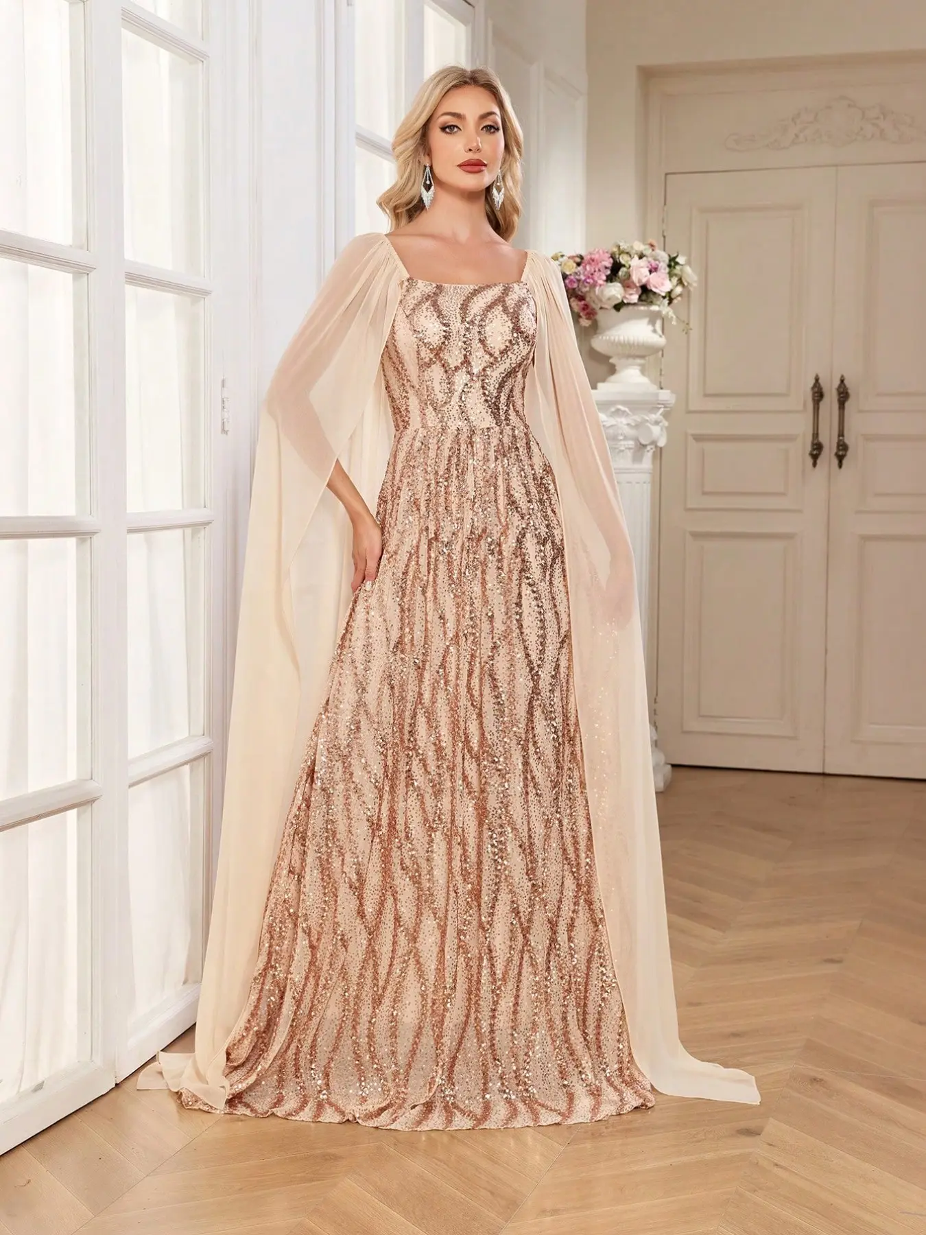 Square Neck Cape Sleeve Sequin Embroidery Floor-Length Evening Gown, Embellished Prom Gown, High Waist Slimming Party Dress, Elegant Long Skirt, Formal Wear