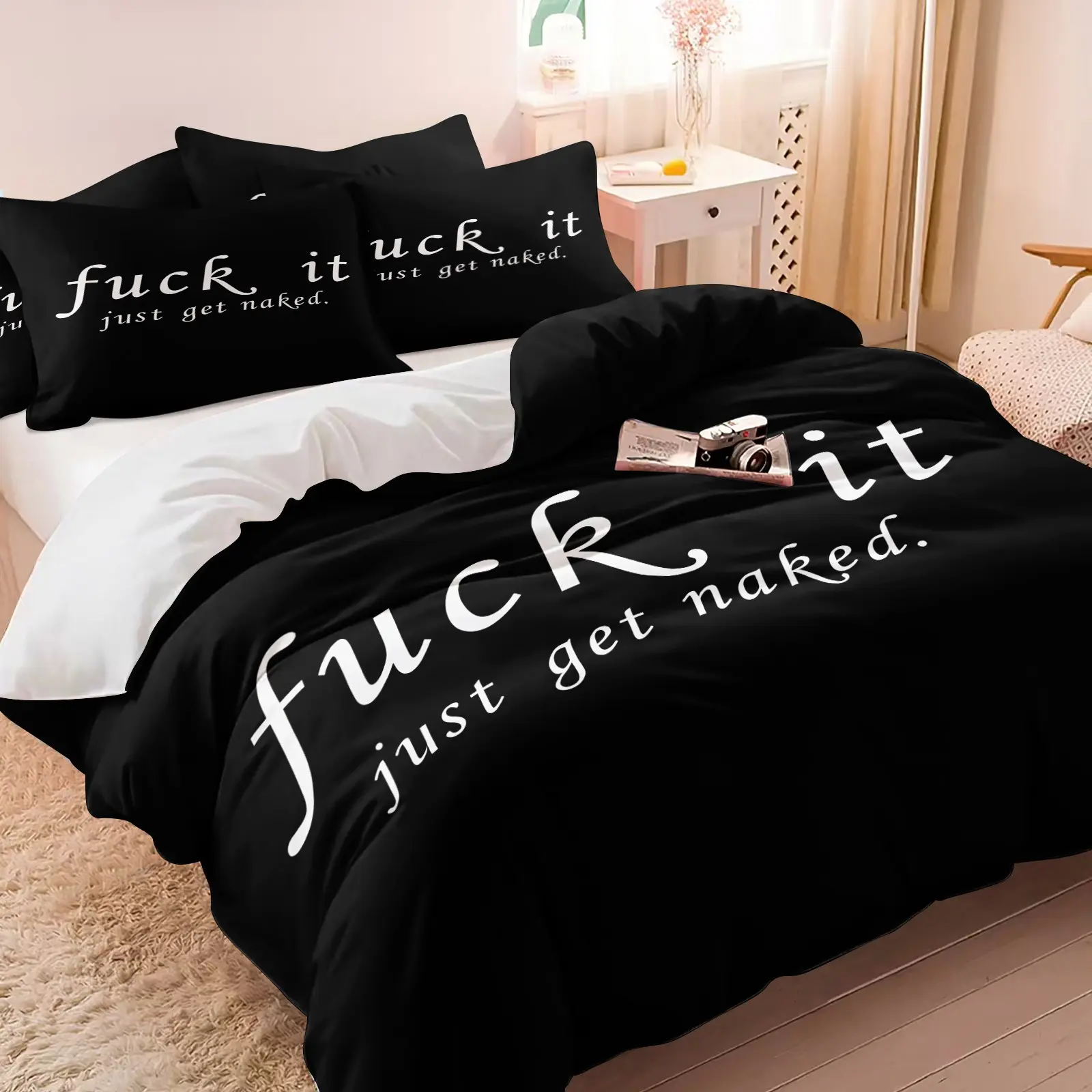 Black White Funny Slogan Duvet Cover Set, 1 Duvet Cover & 1/2 Pillowcase, Creative Words Bedding Set No Filling, Soft Breathable for Couple Lover Men Women Bedroom Apartment Dorm Couple Home Decor
