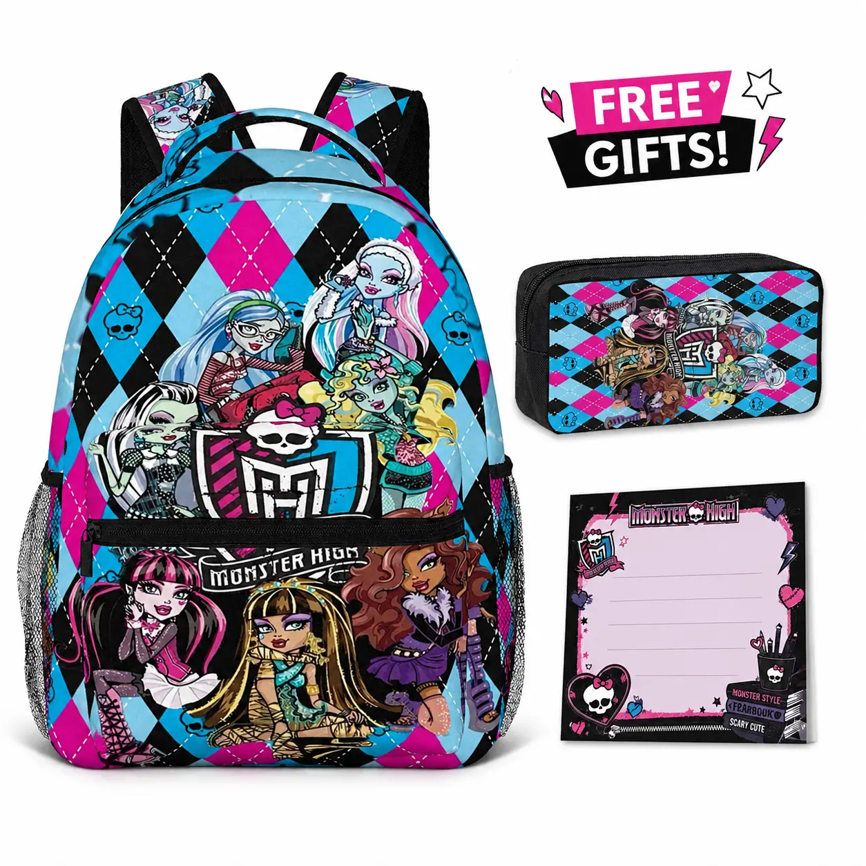 Monster High Backpack Kids School Backpack Sets for Girls Boys Teens,Kawaii School BoobBag with 1 Pecnil Box and 1 Sticky Note,Cute Book Bag School Suppluies Sets for Girls Elementary Middle School Teens