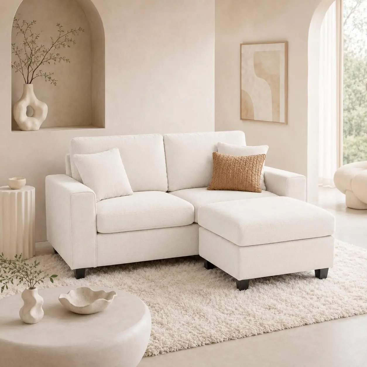 L Shaped Sectional Sofa with Ottoman, Small Couch for Living Room, Chenille Fabric Sofa with Pocket Spring Cushions, Wood Frame, Movable Ottoman, Comfortable 3 Seat Couch for Apartment