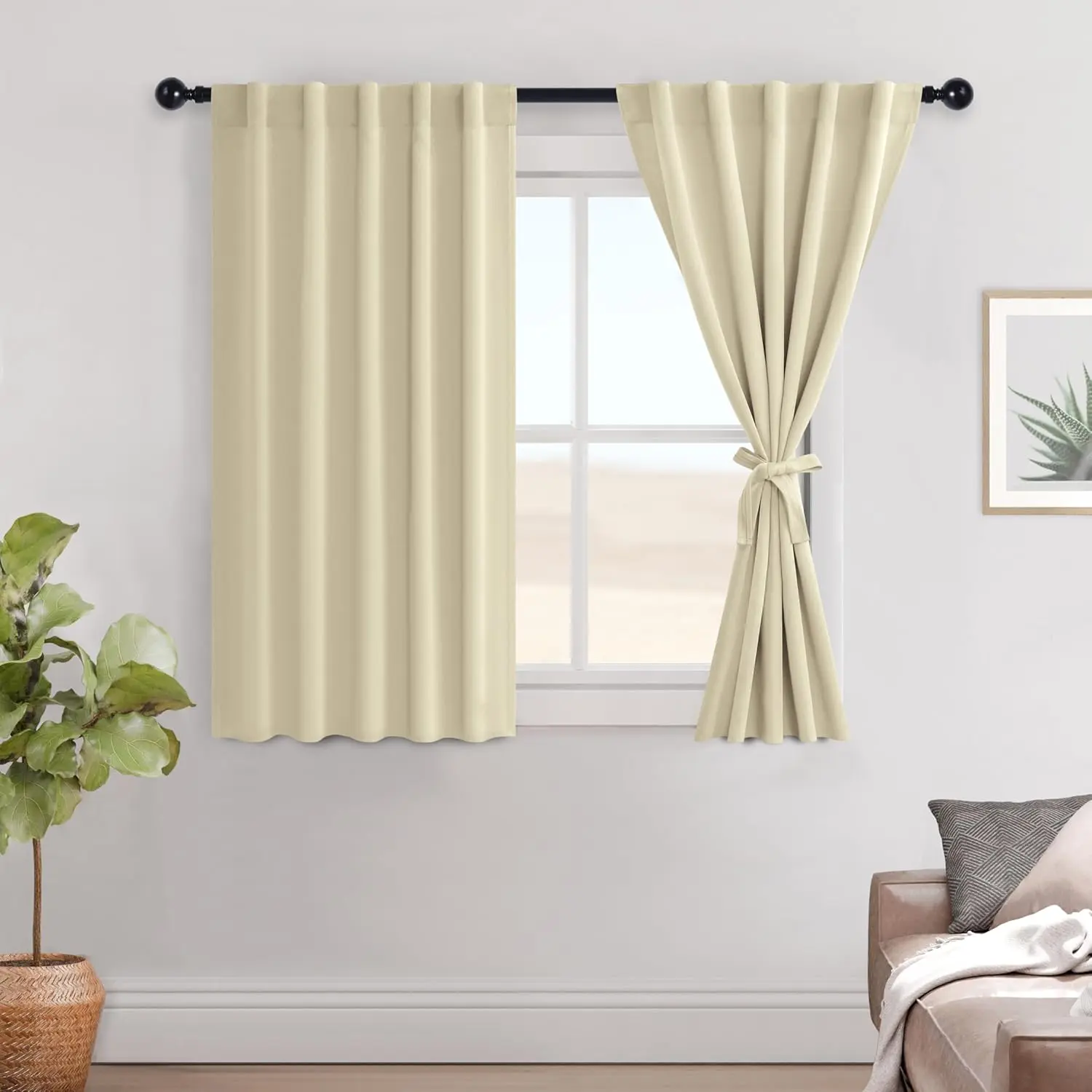 Room Darkening Curtains 54 inches Long, Light Blocking Thermal Rod & Back Tab Drapes Sewn with Tiebacks for Nursery Bedroom Dining Living Room, 42" Wide, Light Beige, 2 PC