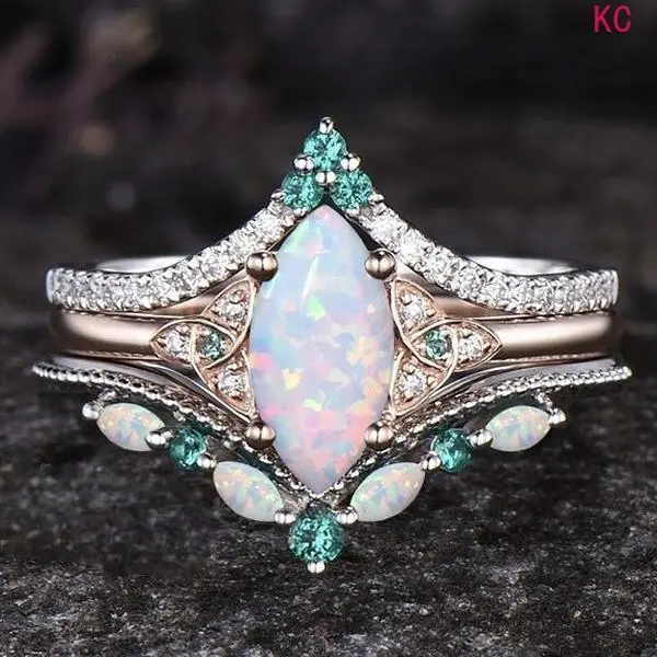 Rose Gold Three-Piece Alloy Marquise Opal Ring Set, Sparkling Finger Jewelry For Women Daily Outfit Matching